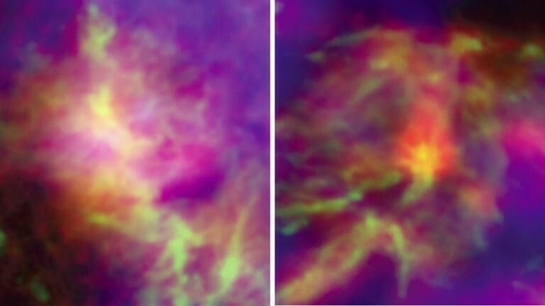 Two of the regions studied to investigate the anomalous microwave
emission, in the constellations of Perseus (left) and Ophiuchus
(right). The blue shows radio waves, emitted by electrons moving in
the interstellar medium. The green shows the dust seen at farinfrared
and sub-millimetre wavelengths, and traces the sites of star
formation. The red regions show the anomalous microwave
emission. This emission is thought to be caused by tiny dust grains
spinning tens of billions of times every second. Each image is
around 5 degrees on a side. Image credit: ESA / Planck
Collaboration.