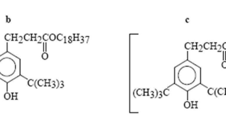 Molecular formulas of two hindered phenols extracted.  b)  Irganox® 1076 & c) Irganox® 1010