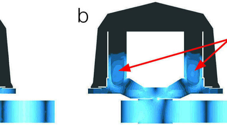 Field distribution (blue areas) in a DMC Directed Multimode Cavity for (a) 10 mL and (b) 25 mL filling volume of vessel