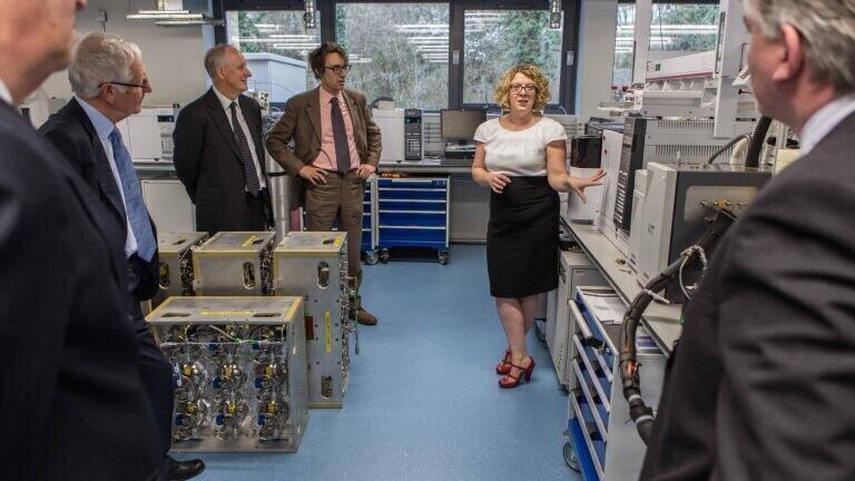 Dr Jacqui Hamilton showing guests the new £570,000 Agilent GC-q-TOF machine, which is helping researchers to create a virtual air archive at the Wolfson Atmospheric Chemistry Laboratories. 