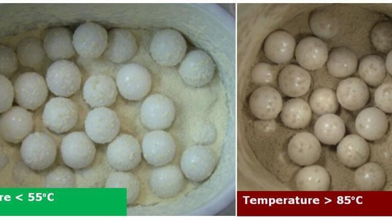 Figure 2. Grinding of chitin in the Emax for 8 h at 1300 rpm (left) and in a conventional ball mill for 8 h at 650 rpm (right) with obvious discolouration of the sample. The final fineness achieved in the Emax is 114 µm compared to 158 µm in the ball mill.