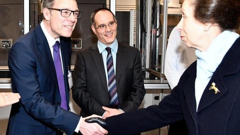 HRH The Princess Royal meets John McGeehan of the University of Portsmouth (left) and Juan Sanchez-Weatherby of Diamond Light Source (right).