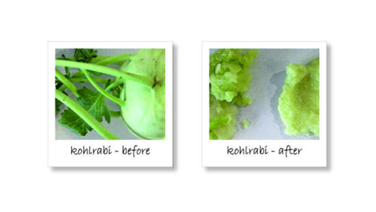 Figure 4: Kohlrabi before (left) homogenisation and after pre-cutting (middle) and fine grinding (right) in the new GM 200