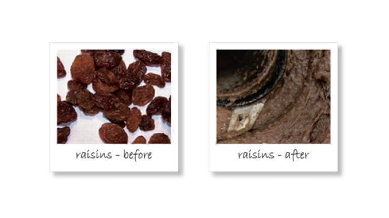 Figure 5: Sticky raisins before and after complete homogenisation in the new GM 200