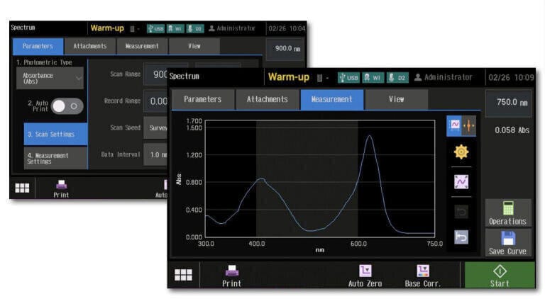 UV-1900 easy to use interface on colour touchscreen. Six measurement modes are directly accessible: photometric values measurements, spectrum acquisition, quantification measurements, kinetics studies, time course methods and bio methods