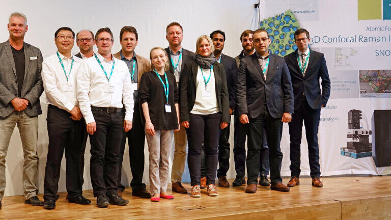The speakers of the Confocal Raman Imaging Symposium 2018. (l-r) Olaf Hollricher, Bo Peng, Dieter Baurecht, Guillaume Wille, Dominic Papineau, Katarzyna Marzec, Martin Maiwald, Eva Brauchle, Vinayam B. Parambath, Isaac Pence, Hesham K. Yosef, Christian Timma. Not pictured: Sebastian Schluecker, Vince Ebert, Dirk Guldi, Keith Gordon, Jagjit Nanda.