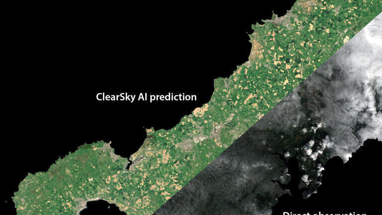 An image of the Cornish peninsula on 18 May 2018. The lower portion shows the direct view from ESA’s Sentinel-2 satellite, with clouds obscuring the view of the ground. The upper portion shows an AI-based prediction from the ClearSky algorithm. This uses synthetic aperture radar imaging to see through the clouds, offering an unobscured view of the ground. (Credit: James Geach / Michael Smith / University of Hertfordshire)
