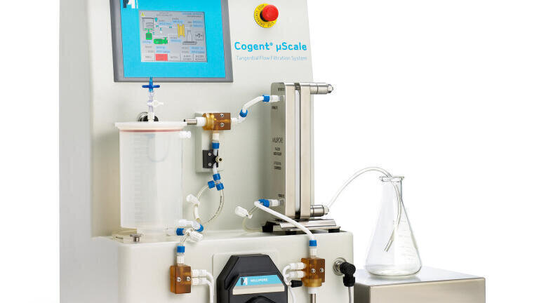 Image of Merck’s Cogent µScale TFF System. As part of the grant award, VAR2 Pharmaceuticals will receive in-kind Merck products and consultation support to advance its harvest, downstream, and formulations process development challenges in the production of its drug-conjugated malaria protein.