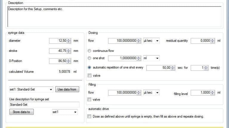 Figure 2: Set-up menu for controlling a Symax dual syringe pump.