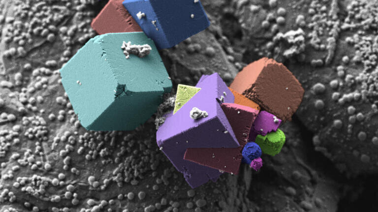 2nd place Fluorides on an anode surface of a Li-ion battery, acquired with a Zeiss crossbeam 550 focused ion beam scanning electron microscope (7,350x magnification) Courtesy of A. Kopp, Aalen University, Germany