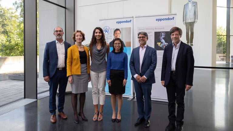 L-R Dr Axel Jahns Eppendorf SE, Professor Maria Leptin, Dr Lena Pernas, Dr Thi Hoang Duong Nguyen, Dr Peter Fruhstorfer Eppendorf SE, Professor Reinhard Jahn.