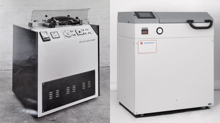Old vs New Autoclave – Description: LTE 225EV vertical load autoclave from the late 70s and its modern counterpart the LTE Touchclave-R, 40+ years on with its innovative design