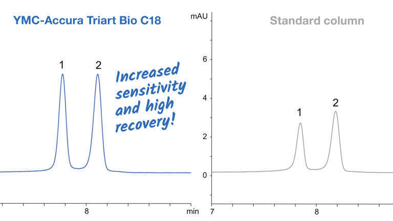 Significantly increased peak heights and areas are obtained using a YMC-Accura Bio C18 column for the challenging analysis of phosphorothioate oligonucleotides.