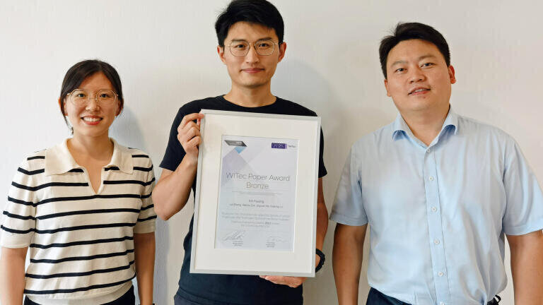 Bronze Award: The WITec Paper Award Bronze winner Xin Huang (middle) with his co-workers Le Zhang (left) and Jiayuan He (right) from the SINOPEC Petroleum Exploration and Production Research Institute in Beijing, China.