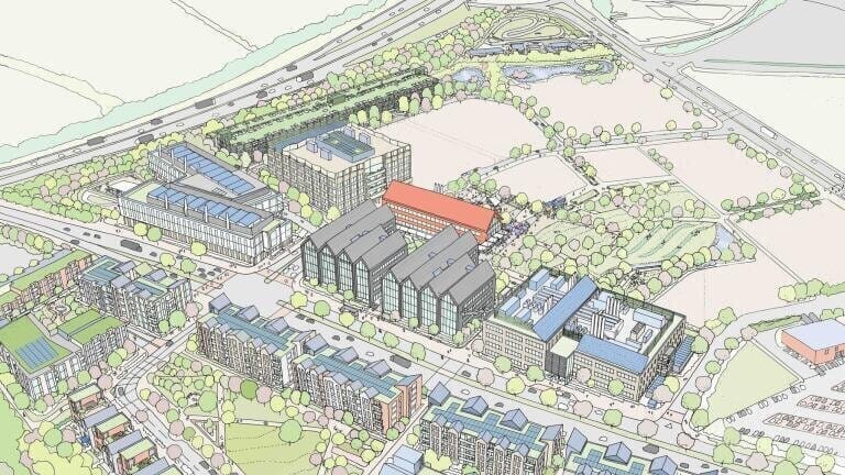 An aerial view showing enhanced Red Hall, market square phase 1a workspace buildings and three new lab buildings.