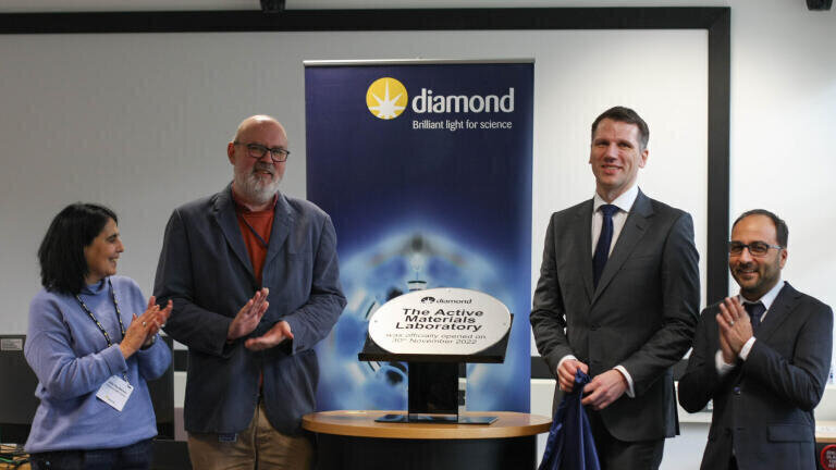 Sofia Diaz-Moreno, Science Group Leader of the Diamond Spectroscopy Group; Prof. Fred Mosselmans, Principal Beamline Scientist at Diamond; Dr Robin Ibbotson, Chief Technology Officer at Sellafield Ltd and Adrian Mancuso, Physical Science Director at Diamond at official opening of Activated Materials Laboratory 