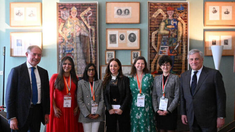Dr Ornela Dardha (second from right) with the other ‘Science, She Says!’ award winners, the Principal of the University of Padova (middle), Minister Tajani of MAECI (far right) and Minister Urso of Ministry for Business and Made in Italy (far left)