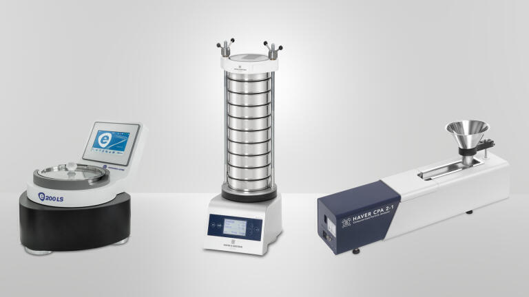 Representative of the NEXOPART product portfolio: e200 LS air jet sieve (Hosokawa Alpine), EML 200 Premium (Haver & Boecker) and CPA 2-1 (Haver & Boecker).