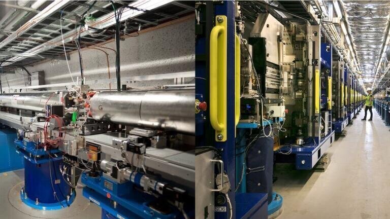 Over a period of 18 months, the original LCLS undulator system (left) was removed and replaced with two totally new systems (right): Hard X-ray undulators for higher precision insights into how materials; and Soft X-ray undulators optimised for studying how energy flows between atoms and molecules.,(Andy Freeberg/Alberto Gamazo/SLAC National Accelerator Laboratory)