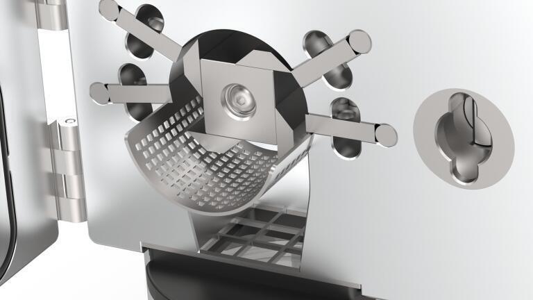 Look inside the Mini Cutting Mill – showing rotor with 4 straight cutting edges, fixed knives and sieve insert