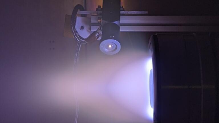 A Hall Effect Space Thruster, built in the UK by Pulsar Fusion undergoing testing at the University of Southampton