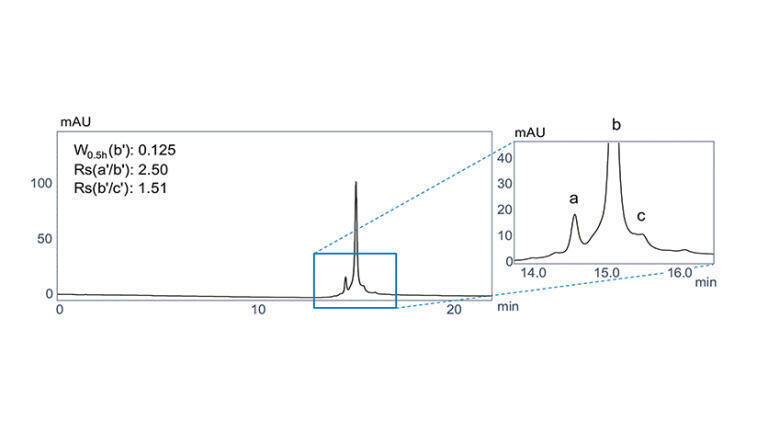 Figure 3: Smaller column IDs that allow lower flow rates and volatile mobile phases are necessities for coupling to MS. Such high sensitivity analyses of mAbs (here: trastuzumab) are ideally performed using YMC Accura BioPro IEX columns.