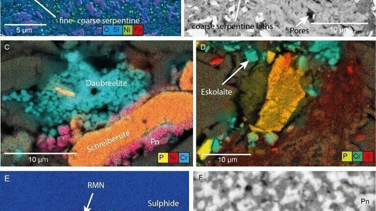 EDS maps and BSE images of fine-grained minerals and materials within the Winchcombe meteorite. A) Low voltage (3 kV) EDS map of the matrix of lithology A, showing fine grained serpentines, fragments of TCI-like objects, and Ni-sulphides. B) BSE image of the matrix of lithology B revealing high-porosity and fine to coarse grained serpentine laths and sulphide grains (bright phases). Both the pores and serpentine laths have a preferred orientation with the long shape axis running top left to bottom right of the image. C) EDS map of schreibersite, daubréelite and pentlandite (Pn) within lithology A. D) EDS map of eskolaite and P-bearing sulphides within lithology F. E) EDS map of a refractory metal nugget within a sulphide grain within the matrix of lithology E. The RMN is multi-domain with Pt-rich and Os-rich regions. F) BSE image of fine-grained intergrowths of apatite (Ap) and pentlandite (Pn) within lithology F.