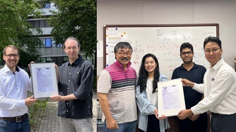 The Paper Award Bronze winners received their certificates. Left picture: Dr Michael Neumann (right) with Oxford Instruments’ Stefan Gomes da Costa; Right picture, from left to right: Professor Young Hee Lee, shared first author Dr Xu Wei, group member Debottom Daw and Oxford Instruments representative James Kim at the Center for Integrated Nanostructure Physics, Sungkyunkwan University in Suwon, Republic of Korea.