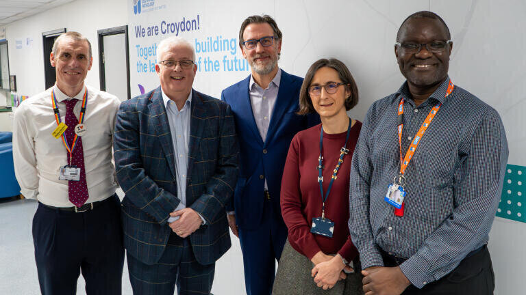 L-R: Matthew Kershaw, Chief Executive of Croydon Health Services NHS Trust. Simon Brewer, SWLP Managing Director. Rob Young, UK General Manager, Beckman Coulter. Wendy Armstrong, Consultant Clinical Scientist. Frederick Mpambire, Clinical Blood Sciences Spoke Site Manager.