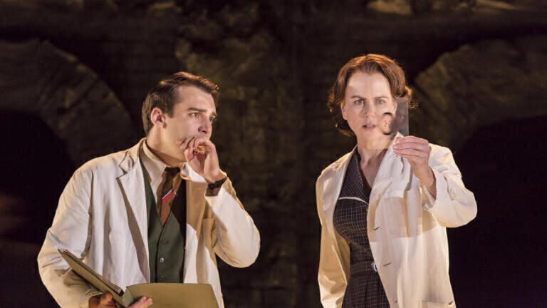 Picture: [From left] Joshua Silver portrays Ray Gosling alongside Nicole Kidman’s performance as Rosalind Franklin in Anna Ziegler’s play ‘Photograph 51’ at the Noël Coward Theatre in the West End of London. Credit: Johan Persson, MGC.