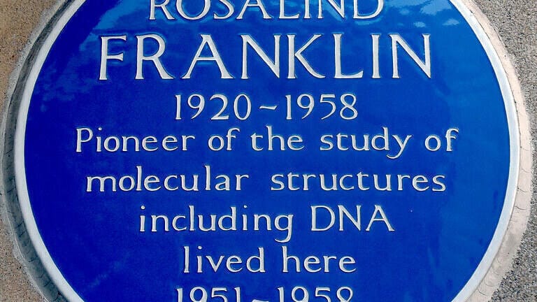 An English Heritage plaque on Franklin's London home, recognising her role in the study of DNA. Credit: Wikimedia Commons.
