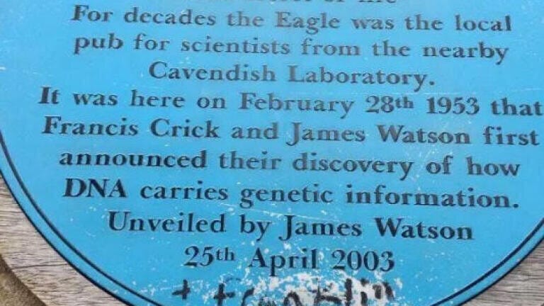 A local history society plaque on The Eagle Pub, in Cambridge, often frequented by Watson and Crick as students, with graffiti added to highlight its failure to acknowledge Franklin's contribution to the discovery of DNA. Credit: Wikimedia Commons.