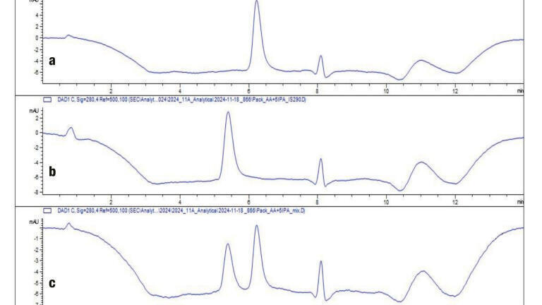 Figure 3: Chromatograms from the analysis of the unconjugated protein scFv (a), the conjugated protein FDC (b) and a mixture of both (c) using 75 mM ammonium acetate/ 4.5% 2-propanol as eluent.