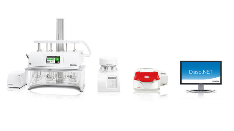 Dissolution test with automated UV/Vis analysis with the DT 950 Online System from ERWEKA