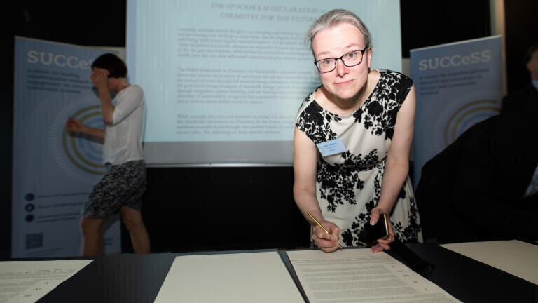 Professor Helen Sneddon of York University signing the declaration. Credit: Photo: Liisa Eelsoo