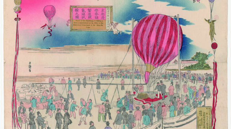 A vintage depiction of Japan’s first manned balloon flight, pioneered by Genzo Shimadzu Sr.