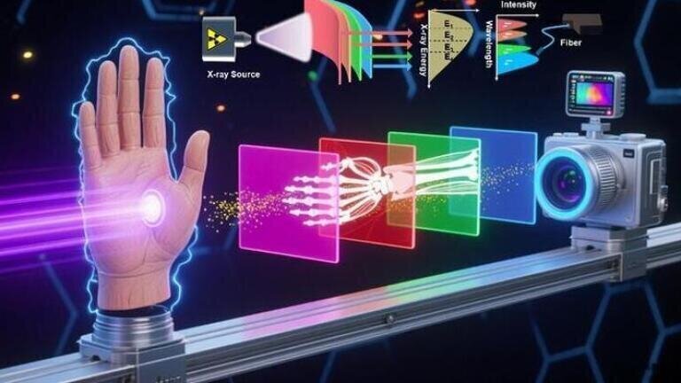 In this study, four kinds of polymer-ceramic composite scintillator films with characteristic response to different energy X-rays are prepared by a universal vitamin-assisted in-situ growth method. Through strategic architectural design of four scintillator films hetero-stacking, we achieve four-channel multi-energy X-ray curved surface imaging. This multi-energy X-ray imaging technology can effectively identify objects with different densities. Credit: Menglu Chen
