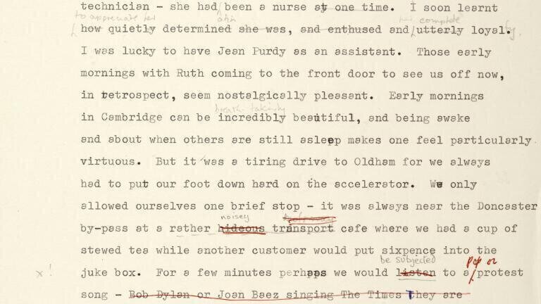 Corrections on Dannie Abse’s manuscript. Robert Edwards’s annotations are in red pen, Ruth Edwards’s in pencil towards the top and Purdy’s in pencil below. Dannie Abse Papers, folder 280, 96. The National Library of Wales Collection.