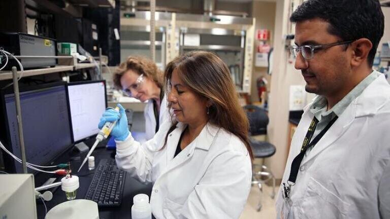 UCF chemists Dr. Yulia Gerasimova and Dr. Karin Chumbimuni-Torres collaborated with Dr. Daniel Ram, assistant professor of medicine and infectious disease expert, to develop a new biosensor test to detect both Hepatitis and HIV at the same time. Credit Photo by UCF