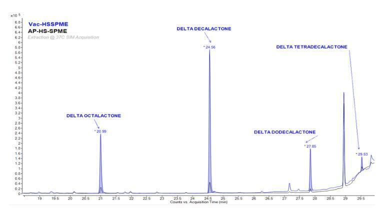 Chromatogram for analysis of delta lactones using AP-HS-SPME (Black) and Vac-HS-SPME (Blue)