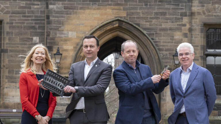 20thAnniversary_35.jpg: (centre l-r) JWNC Director of Strategy Evelyn Toma, JWNC Director Professor Martin Weides, Sivers Semiconductor CTO Andrew McKee and Kelvin Nanotechnology CEO Brendan Casey hold components developed by Sivers and manufactured in partnership with the JWNC. Credit: University of Glasgow / Chris James