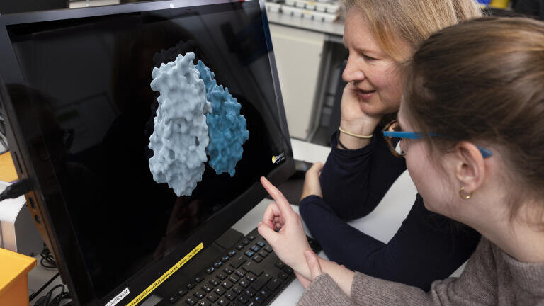 Lizbé Koekemoer, Team leader at CMD, University of Oxford, and Jasmin Aschenbrenner, researcher at Diamond Light Source, reviewing a molecular structure in the Diamond laboratory. Credit: Stuart March-DNDi