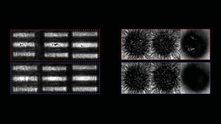 Images created using physics-based machine learning (bottom row) lack artifacts showing up in images from an existing technique for capturing details obscured by complex media (top row). Credit: UCLA Quantum Light-Matter Cooperative
